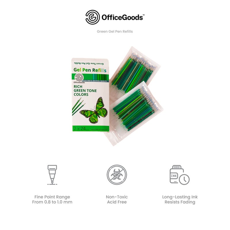 OfficeGoods Gel Pen Refills - 24 Individual Colors - Fits Most Gel Pens - Fast Drying Ink - Perfect for Artists, Adult & Kids Coloring Books, Mandalas, Nature - 2 Pack - Greens - Image 4